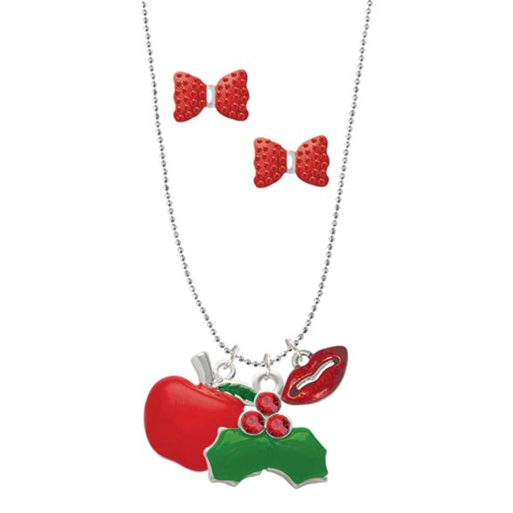 Delight Jewelry Silvertone Large Red Apple Christmas Kiss Charm Necklace and Stud Earrings