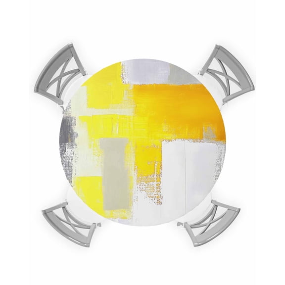 nqOlkjepod Yellow Grey Round Tablecloth, Fitted Table Cover with Elastic for 55"-60" Round Tables, Abstract Modern Oil Painted Geometric Table Cloth Outdoor Dinning Party Waterproof Tablecloths