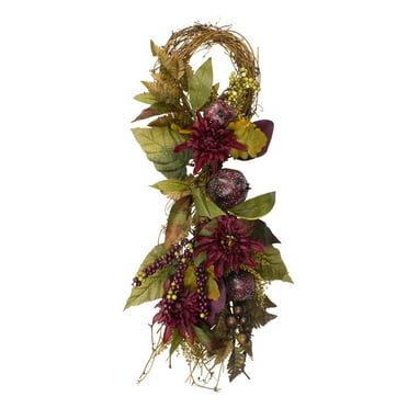 28" Mum Flowers with Pomegranates Autumn Teardrop Swag