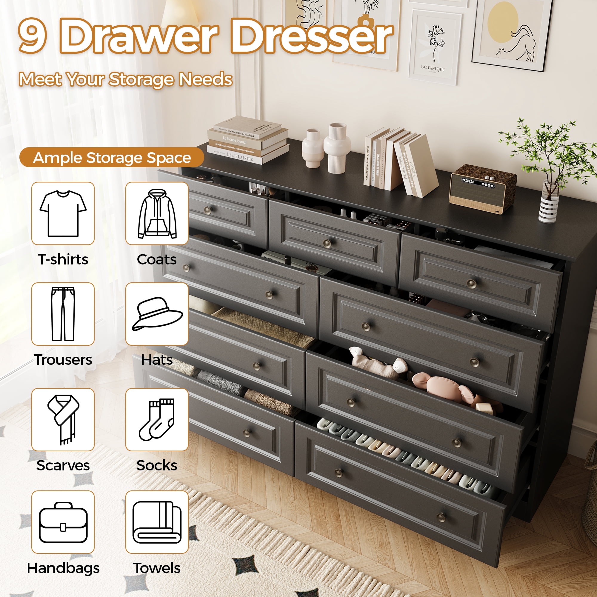 Black 9-Drawer Dresser, 50.39" Wide 37.40" Tall Dresser with Anti-Tip Hardware, Retro Handles, Easy Assembly, Chest of Drawers for Bedroom, Wood Storage Cabinet for Living Room
