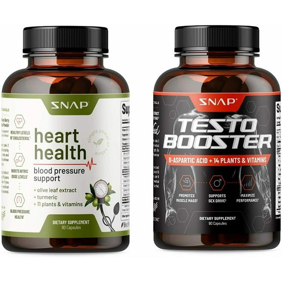 Snap Supplements Heart Health, Vitamins and Natural Plant Extracts for Healthy Blood Pressure Support and Testosterone Booster Enhancing Sexual Drive (90 Capsules Each)