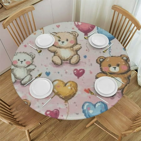 

Xllo0ord Round Tablecloth Cartoon Bear and Heart Round Fitted Tablecloth with Elastic Edge Oil Proof Table Cloth Wipe Clean Table Cover for Indoor and Outdoor 31 -35