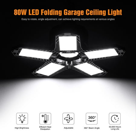 

LED Garage Light 80W 5 Heat Sinks Panels Garage Led Light 8000lm Led Lights for Garage Ceiling Deformable Garage Ceiling Light Black