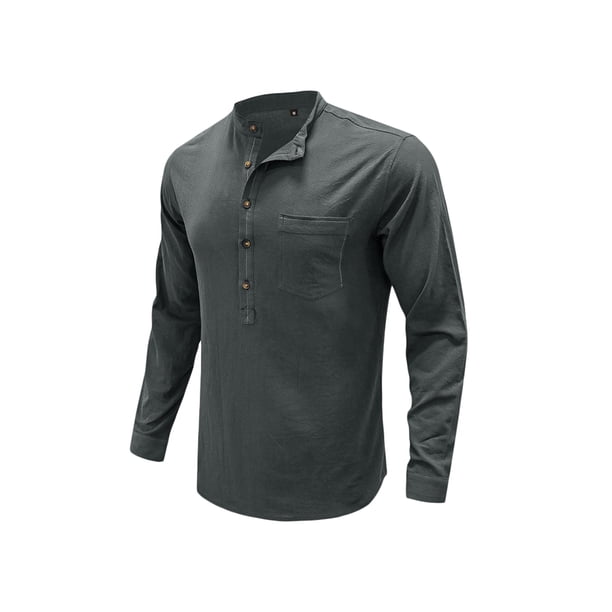 SAYOO - Camisa informal de otoño para hombre, color sólido, manga larga, cuello levantado, botones, tops con bolsillo SAYOO S M L XL XXL