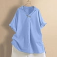 thumbnail image 2 of Olyvenn Women's Cotton Linen Shirts Casual V Neck Short Sleeve Blouse Loose Fit Vintage Summer Lapel Collar Tunic Tops Sky Blue XXL, 2 of 9