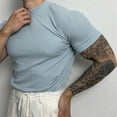 thumbnail image 2 of Summer Men T-shirt Solid Color Thread Slim Fit Elastic Quick Dry Short Sleeves Sweat Absorption Thin Half-high Collar Pullover Gym Training Daily Wear Sport Top-Sky Blue,XL, 2 of 8