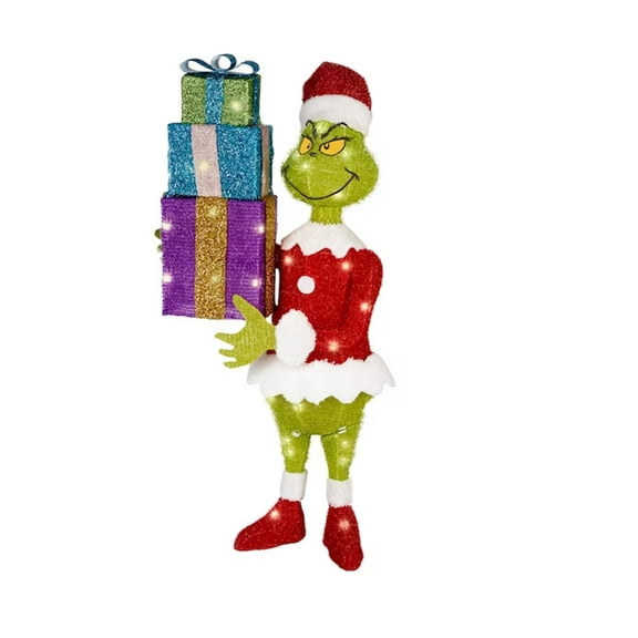 Gemmy 3D Holiday Lighted Tinsel Sculpture Grinch w/Present Stack Dr. Seuss, Multicolored