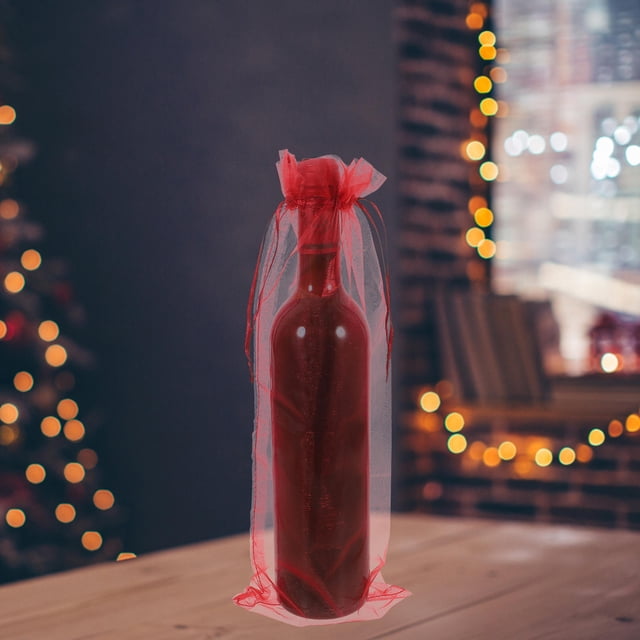 OULII 10Pcs Sheer Organza Wine Bottle Wraps in Wine Red Color with Convenient Satin Drawstring