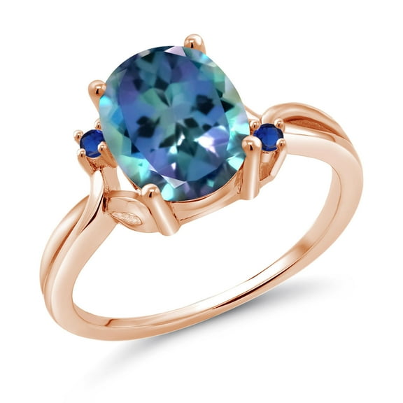 Gem Stone King 18K Rose Gold Plated Silver Millennium Blue Mystic Topaz and Blue Created Sapphire 3 Stone Ring for Women (3.04 Cttw, Oval 10X8MM, Gemstone Birthstone, Size 5)