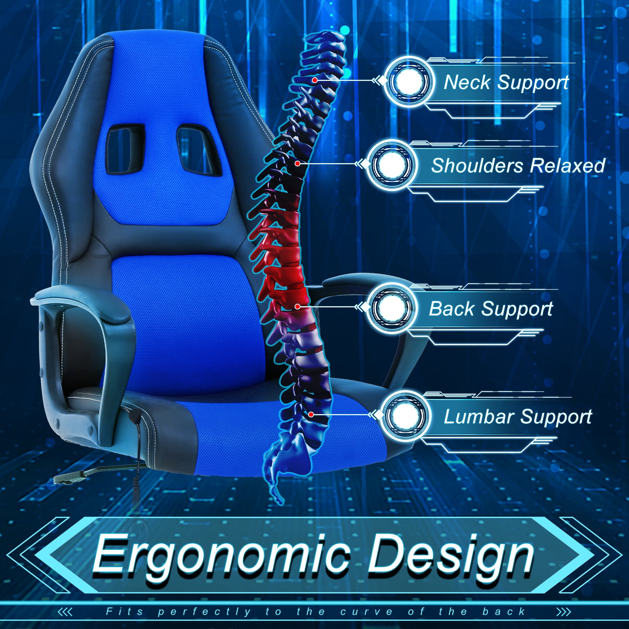 YRLLENSDAN Massage Gaming Chair Video Game for Adults, PU Leather Computer Chair with Arms & Massaging Back Ergonomic High-Back Video Game Chair for Men Women, Blue