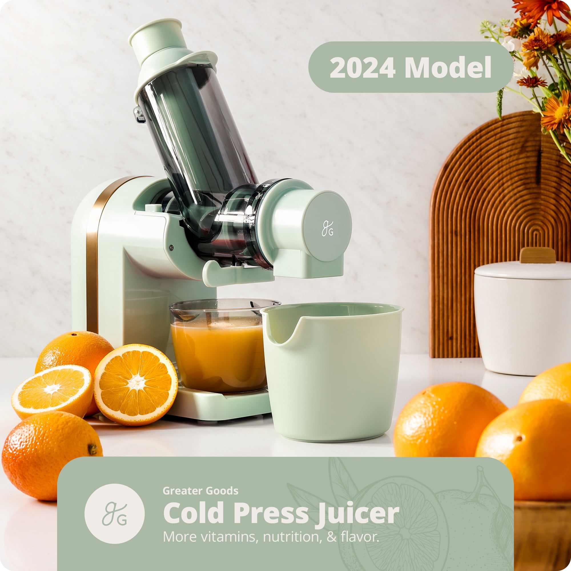 Greater Goods Slow Masticating Cold Press Juicer Machine, A Powerful Juice Extractor for Healthy and Delicious Fruit and Vegetable Juices, Sage Green