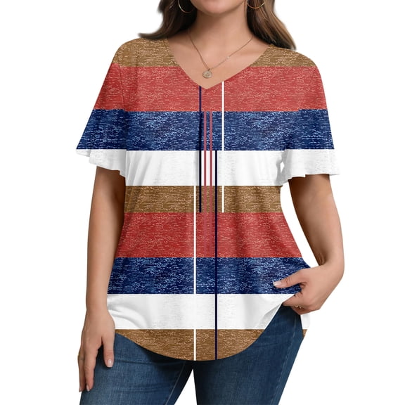 Trgacdwlo L-5XL Plus Size Womens Tops Color Block V Neck Short Sleeve Tunics for Women Hide Belly Summer Beach Women Blouses Red 4XL