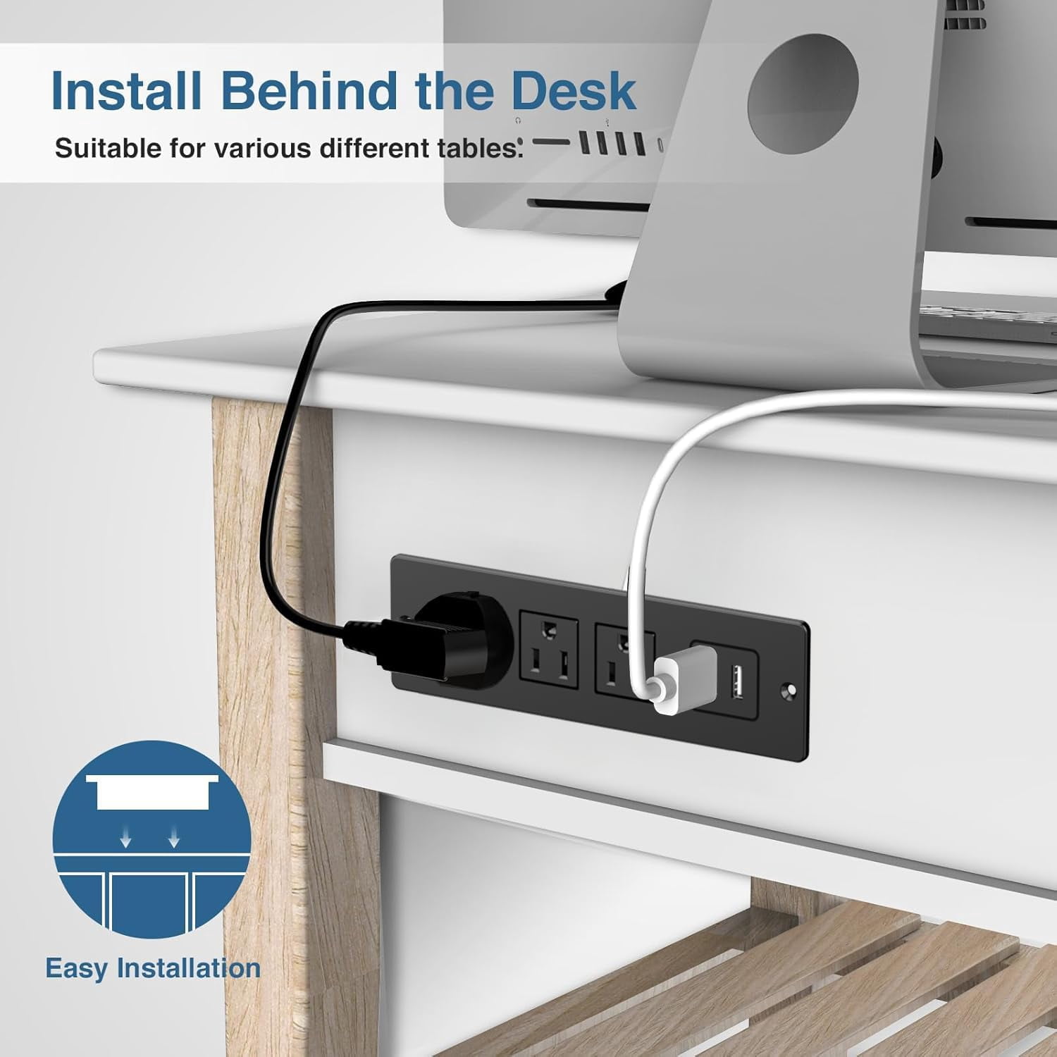 RGHJAR-1500W Recessed Power Strip Flush Mount Power Adapter Charging Station with USB Plug Multiple Surge Protector Hidden Outlet Extender with Extension Cord for Desk Furniture Table Nightstand Bed