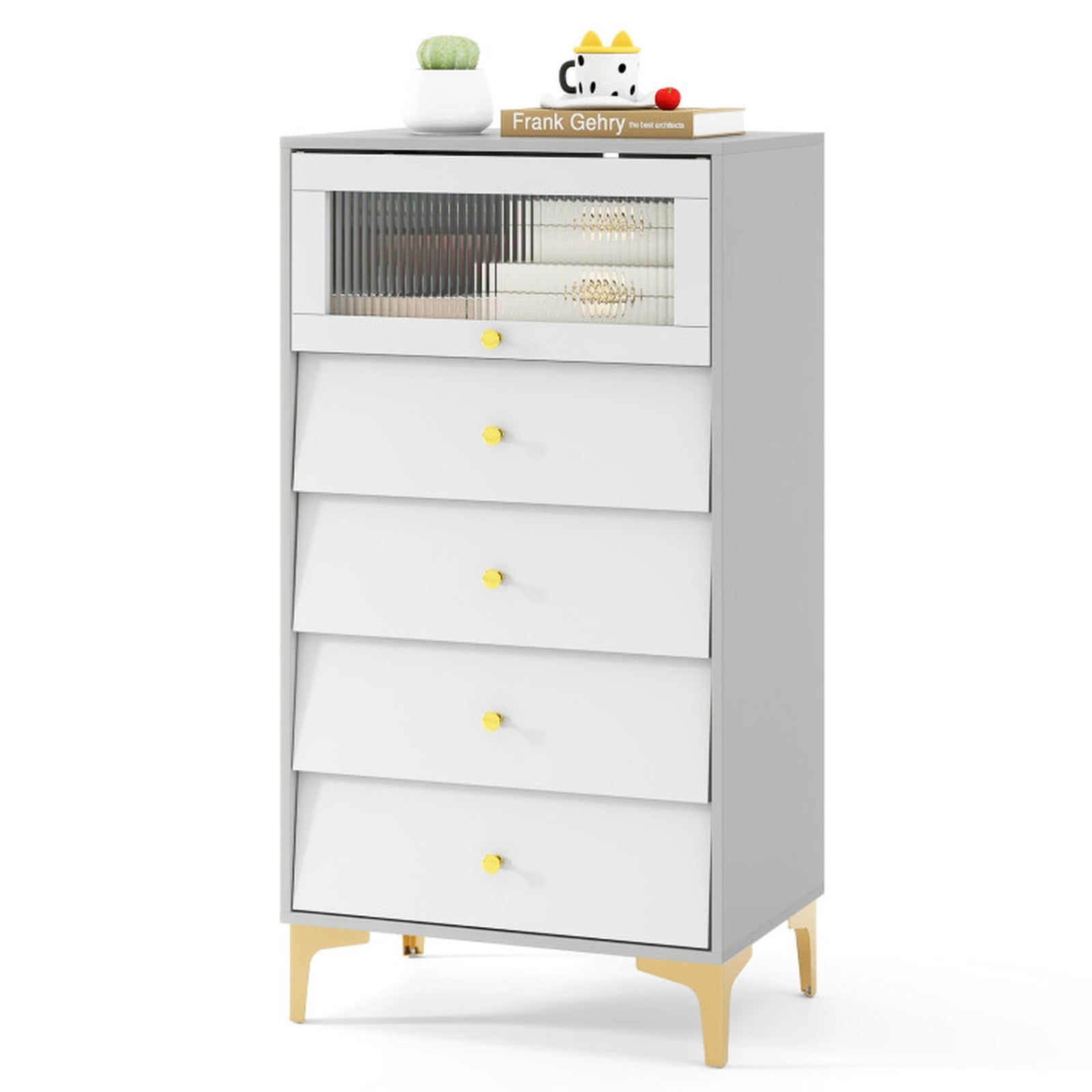Furnibear 4 Drawer Accent Storage Cabinet with Flip Up Fluted Glass Door and Modern Drawers for Bedroom Living Room and Entryway, Gray