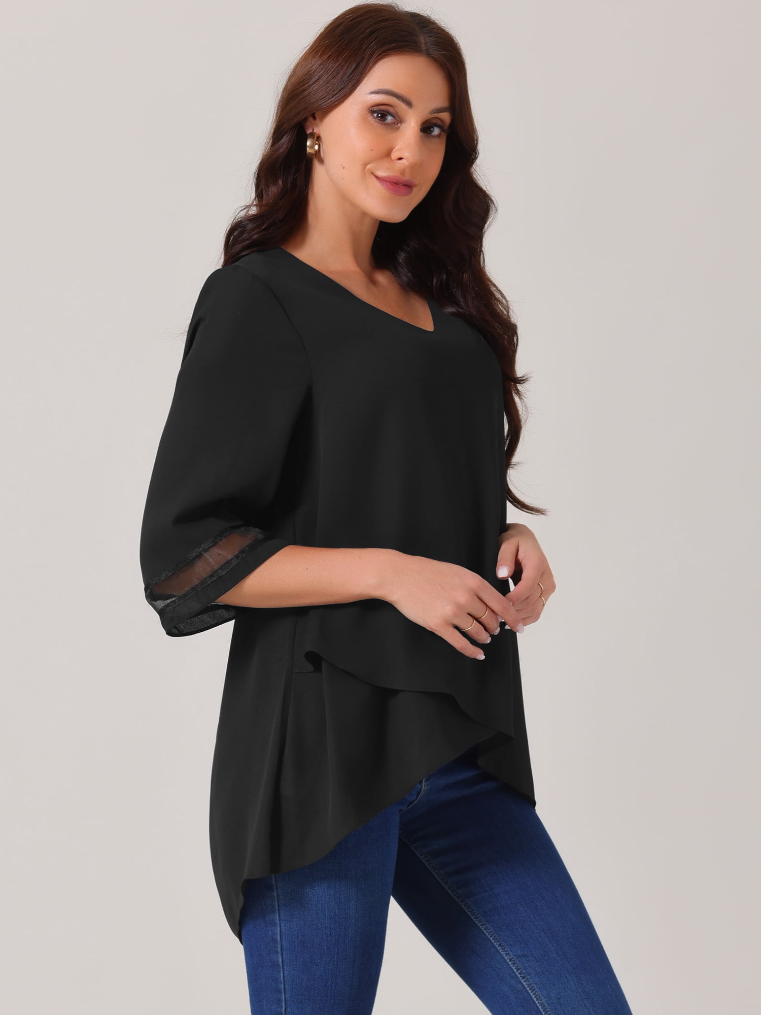 Unique Bargains Women's Chiffon V Neck 3/4 Bell Sleeve Asymmetrical Hem Blouse S Black