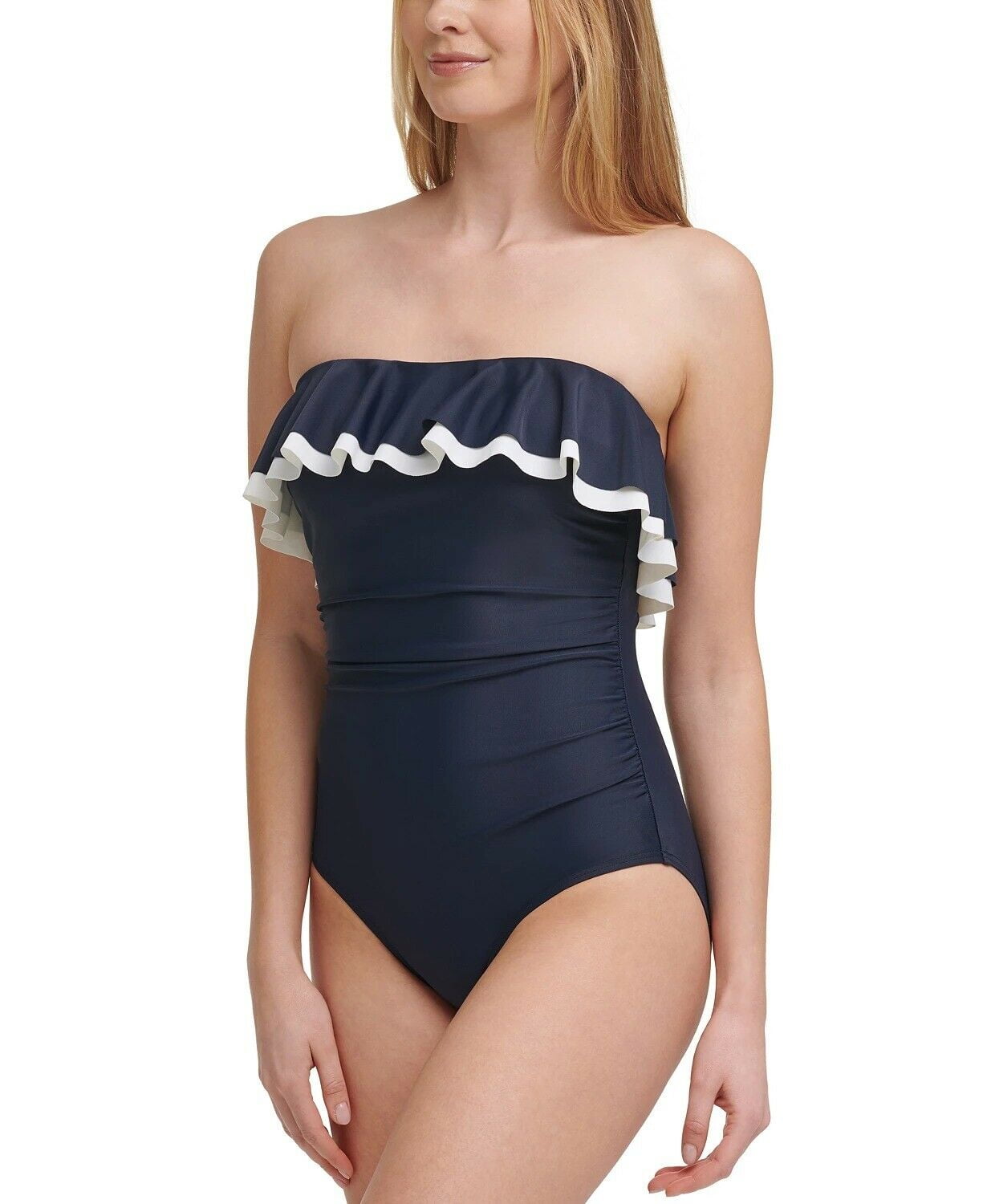 Tommy Solid Ruffle Strapless One-Piece Swimsuit, Choose 6/Blue