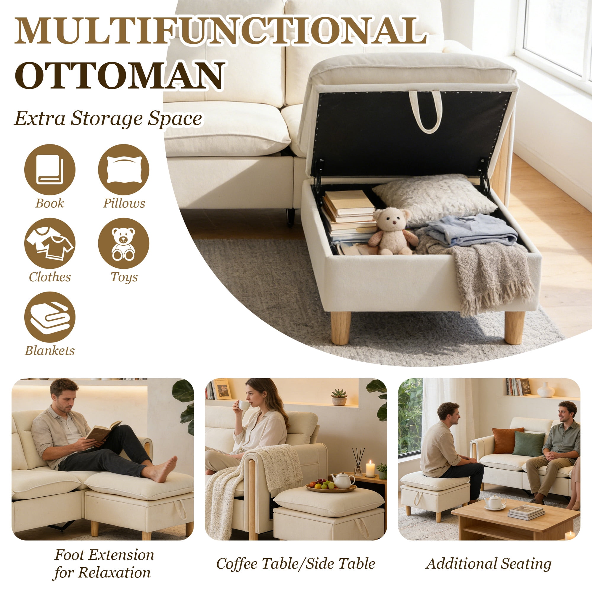 MOONMISS 3-Seater Chenille Sectional Sofa with 2 Storage Ottoman & Side Pocket Convertible Chaise Lounge for Living Room,Beige
