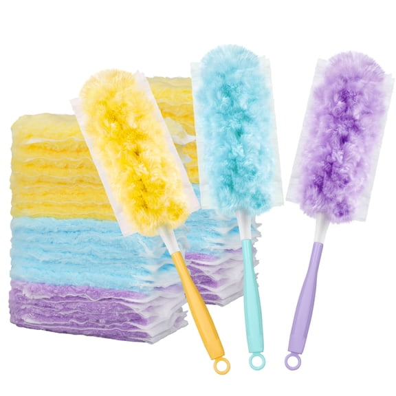 Heavy Duty Dusters, 18 Replaceable Multi-Color Duster Heads with 3 Removable Handles, Unscented Multi-Surface Disposable Dusting Tool for Furniture, Blinds, Ceiling Fans and Home Cleaning