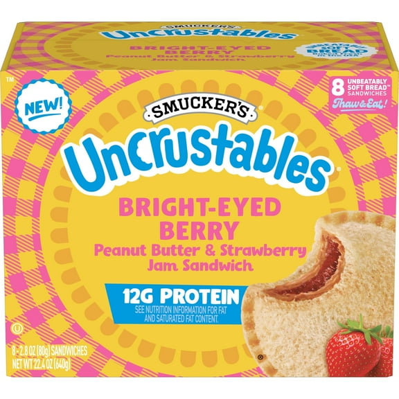 Smucker’s Uncrustables Bright-Eyed Berry Morning Protein Snacks, Peanut Butter & Strawberry Jam Sandwiches on Wheat Bread, 8 Count, 2.8 oz Each (Frozen)