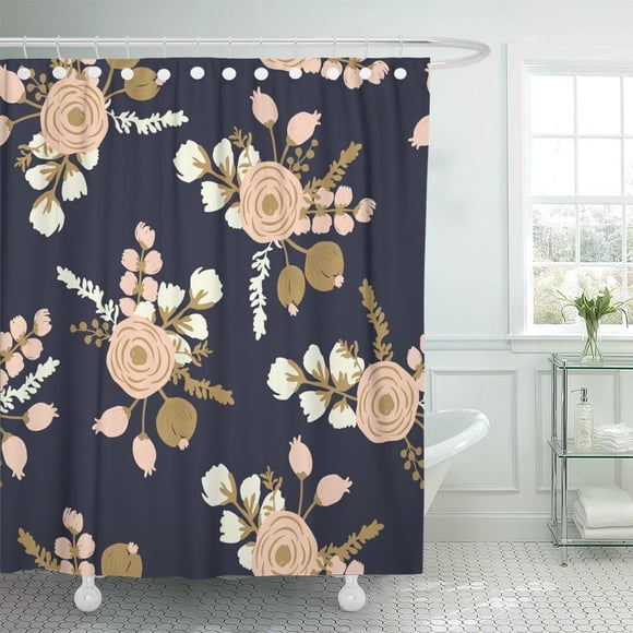 Watercolor Gold Rosa Blush Shower Curtain - Modern Rose Floral Pattern Waterproof Polyester Elegant Bathroom Decor 72 x 72 inches Includes Hooks