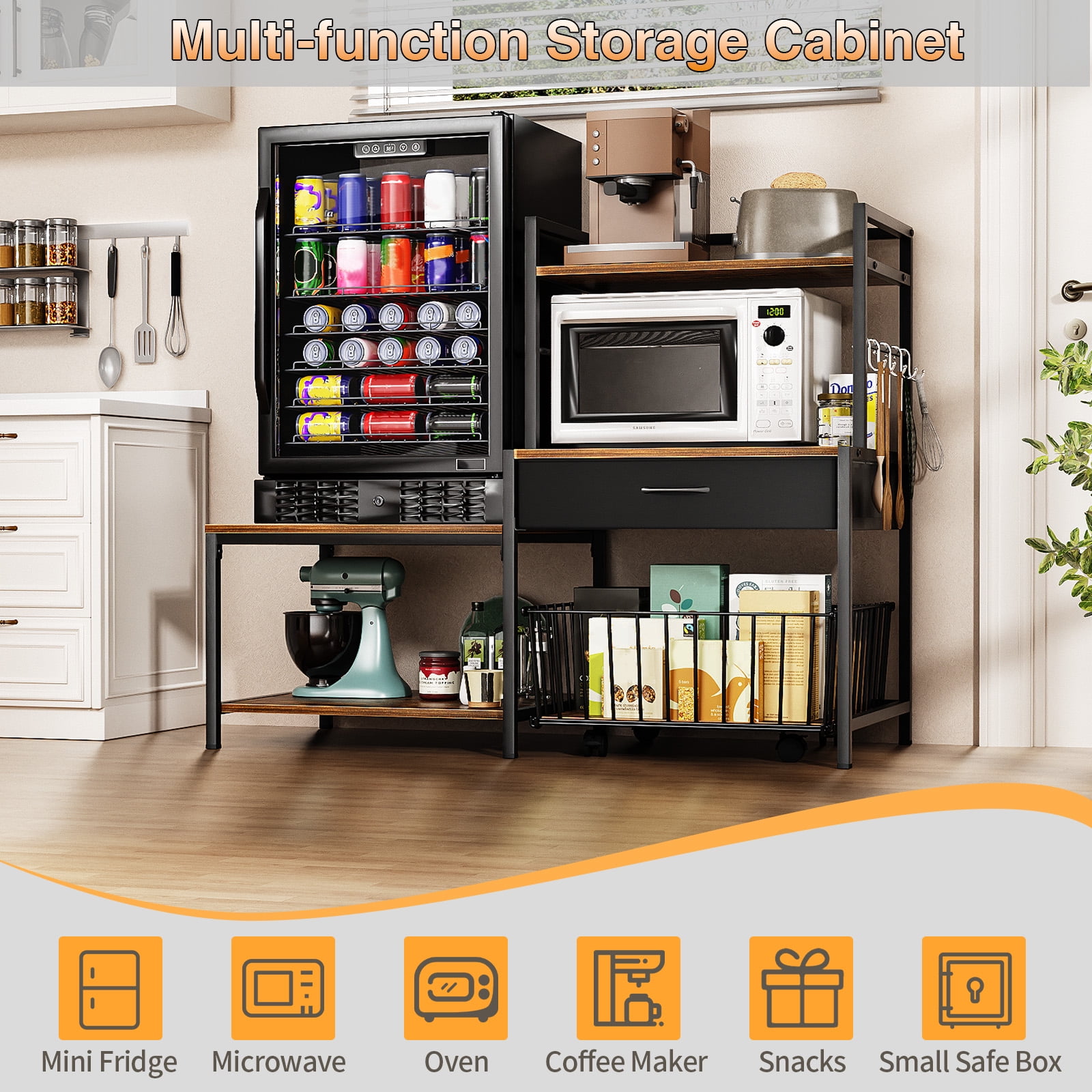 ModFurne Mini Fridge Stand with Storage, Mini Refrigerator Stand with Power Outlet, Wine Fridge Table with Movable Storage Basket for Dorm Home Use (Brown)
