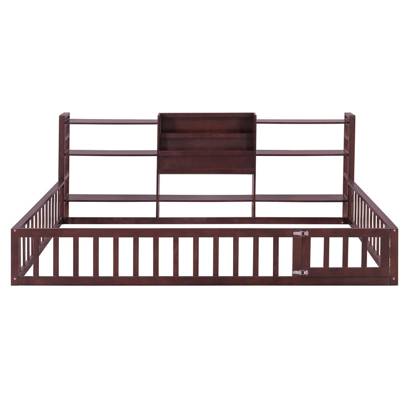 Full Size Floor Bed Platform Bed with Side Bookcase and 3-Tier Storage Shelves, Solid Wood Low Profile Montessori Floor Bed with Safety Guardrails for Kids, Boys, Girls