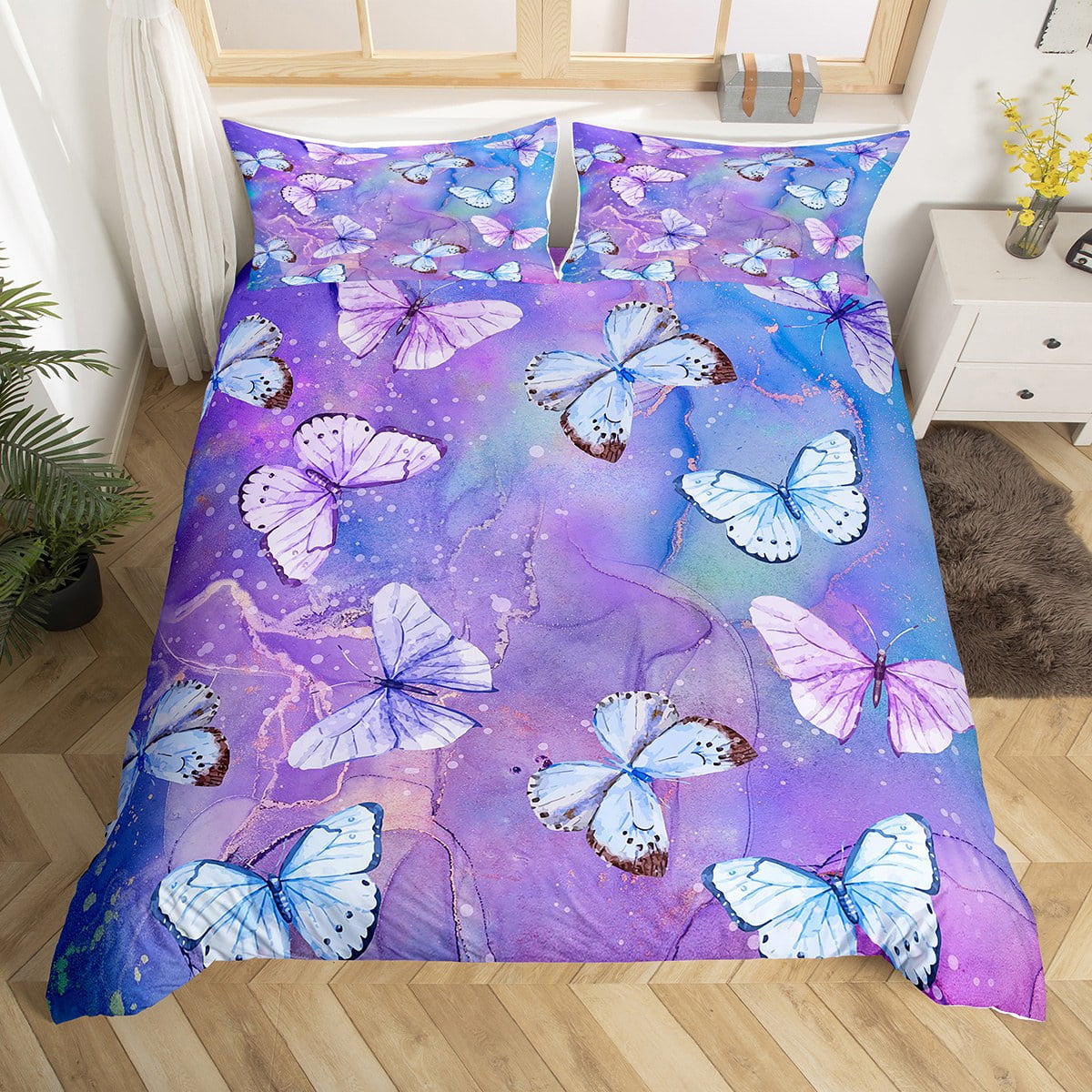 YST Butterfly Duvet Cover Kids Watercolor Purple Blue Butterflies Twin