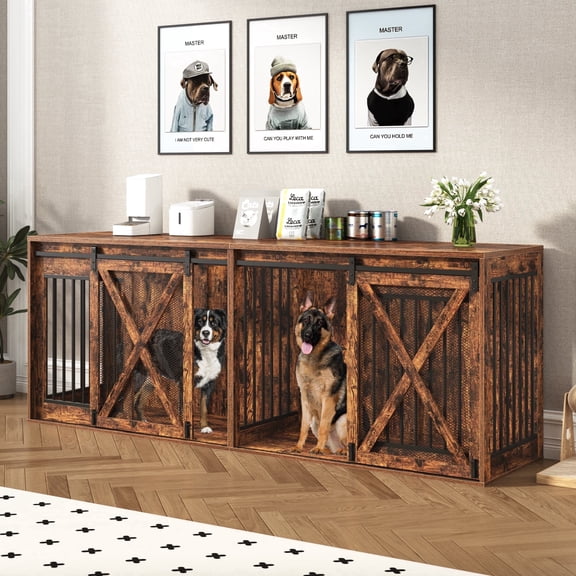 Nordee 94.5" XXXL Dog Crate Furniture for 2 Large Dogs, Double Dog Cage Extra Large Breed, 35.4" Tall Thick Wooden Dog Kennel TV Stand with Divider, Rustic Brown
