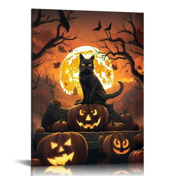 Vintage Halloween Black Cat and Pumpkin Canvas Wall Art Painting,Gothic Print Pictures for Home Wall Decor Horror Creepy Dark Posters for Living Room Home Halloween Party Decor Framed