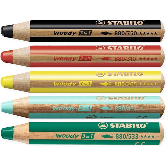Multi-Talented Pencil - STABILO Woody 3-in-1 - Box of 5 - Red, Yellow Dark Green, Blue, Black + Sharpener