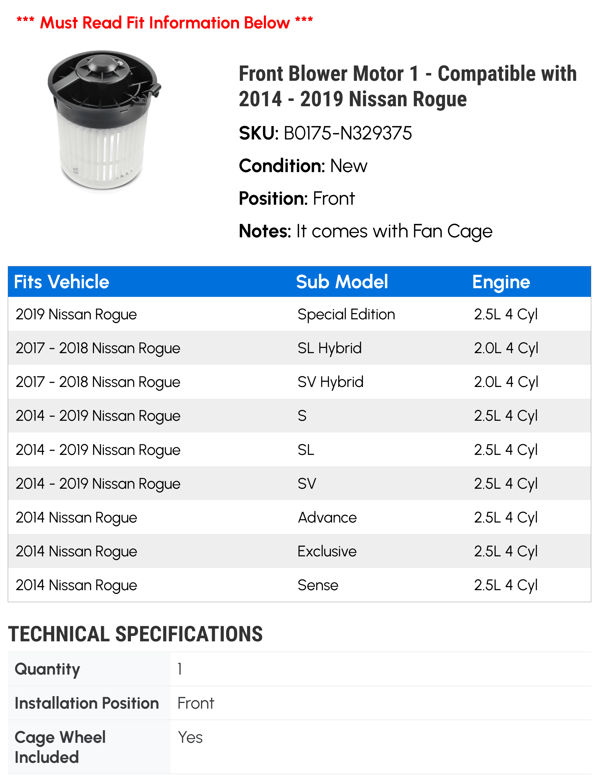 Front Blower Motor 1 - Compatible with 2014 - 2019 Nissan Rogue - Autopart Premium