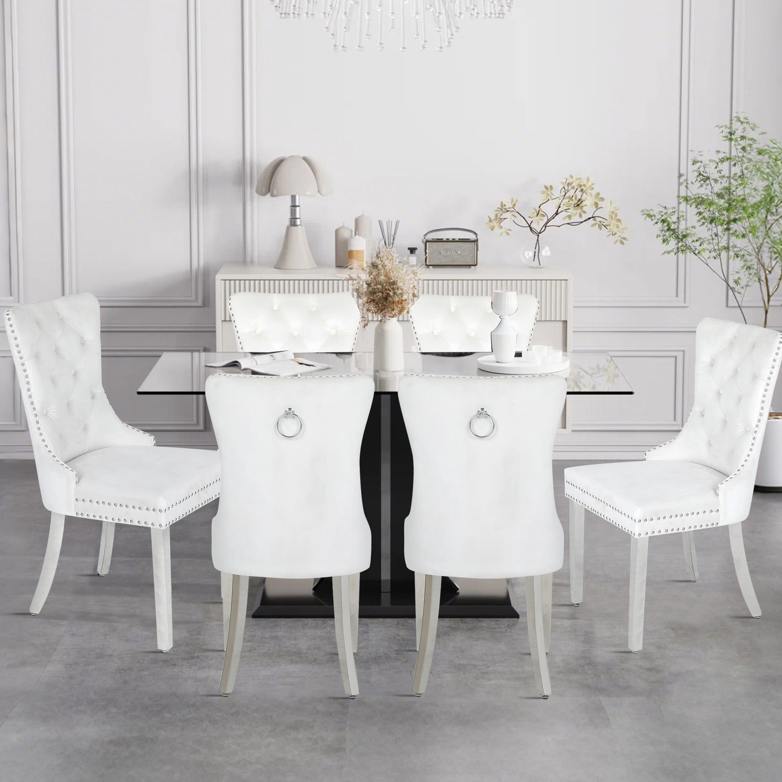 MOONMISS Black Velvet Dining Chairs Set of 4,Kitchen & Dining Room Chairs,Nailheads Tufted,Silver Chrome Metal Legs,White