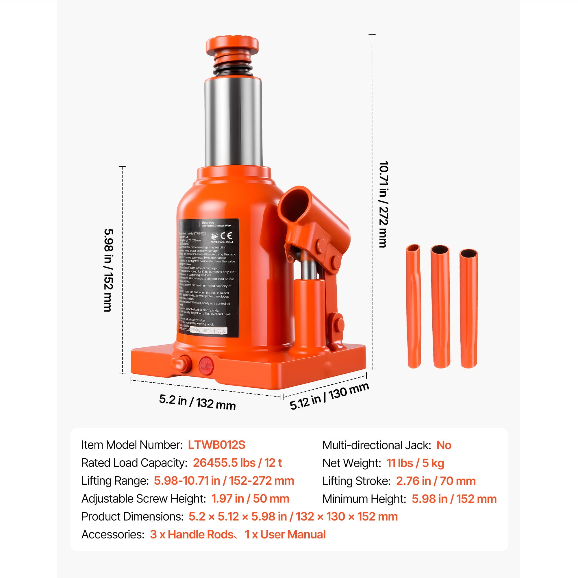 KFFKFF Hydraulic Bottle Jack 12 Ton (26455.5 lbs) with 5.98"-10.71" Lifting Range, Suitable for Heavy-Duty Vehicles, Medium Trucks, Durable Welded Design with 3-Section Long Handle, Orange