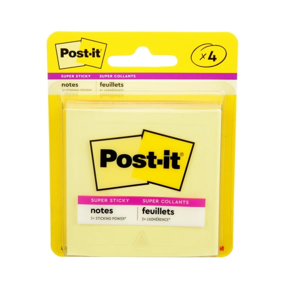 Post-it® Super Sticky Notes 3321-4SSCY, Canary Yellow, 3 in x 3 in (76 mm x 76 mm), 4 Pads/Pack, 45 Sheets/Pad