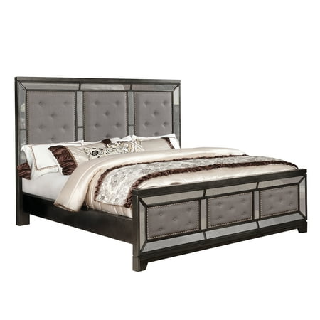 Classic California King Bed, Linen Fabric Panels Tufted Style and Nail Head Trim, Mirror Trimming, Gun Metal
