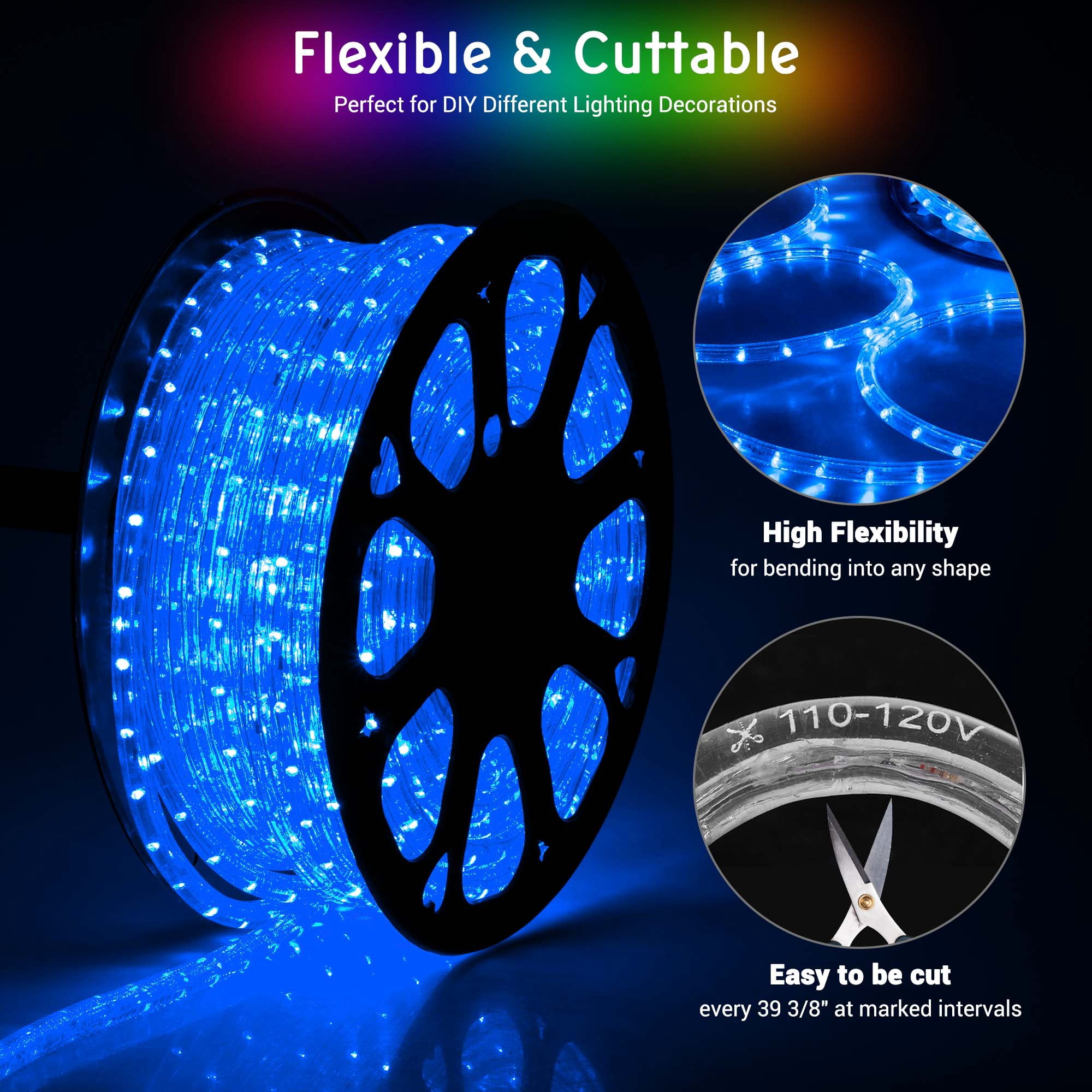 DELight 150Ft Rope Light 1620 LED Waterproof String Lighting Outdoor Indoor Flexible 2 Wire for Bedroom Haunted House Patio Roof Landscape Decoration Blue