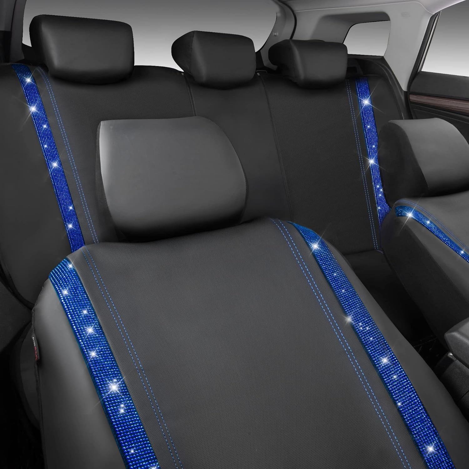 CAR GRAND Bling Car Seat Covers Full Set, Shining Rhinestone Diamond Waterproof Faux Leather, Rear with Zipper, Universal Fit Automotive Glitter Crystal Sparkle Strips for Cute Women Girl, Blue