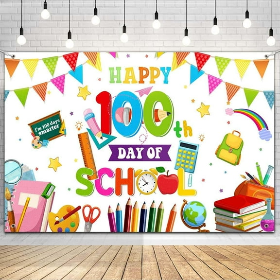 100th Day of School Backdrop Decoration Happy 100th Day of School Banner White Photography Background Props Photo for Kindergarten Preschool Primary School Party Supplies