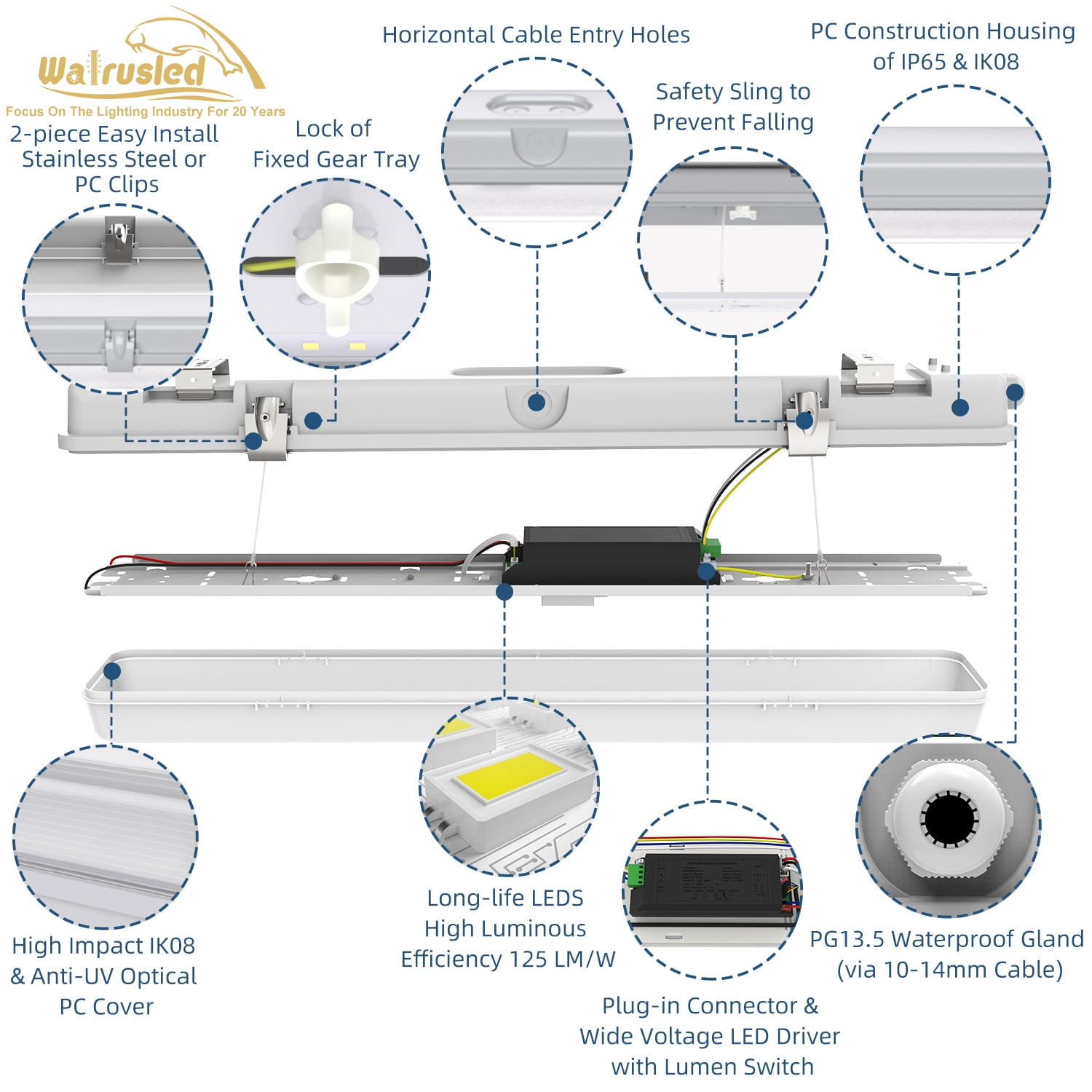 2FT Tri-Level Motion Sensor LED Vapor Tight Light, IP65 IK08, 10W(1250lm)/20W(2500lm), 3/4/5000K CCT Selectable, 100-277V, Dimmable, Outdoor Waterproof Shop Light, Vapor Proof Lighting Fixture, FCC