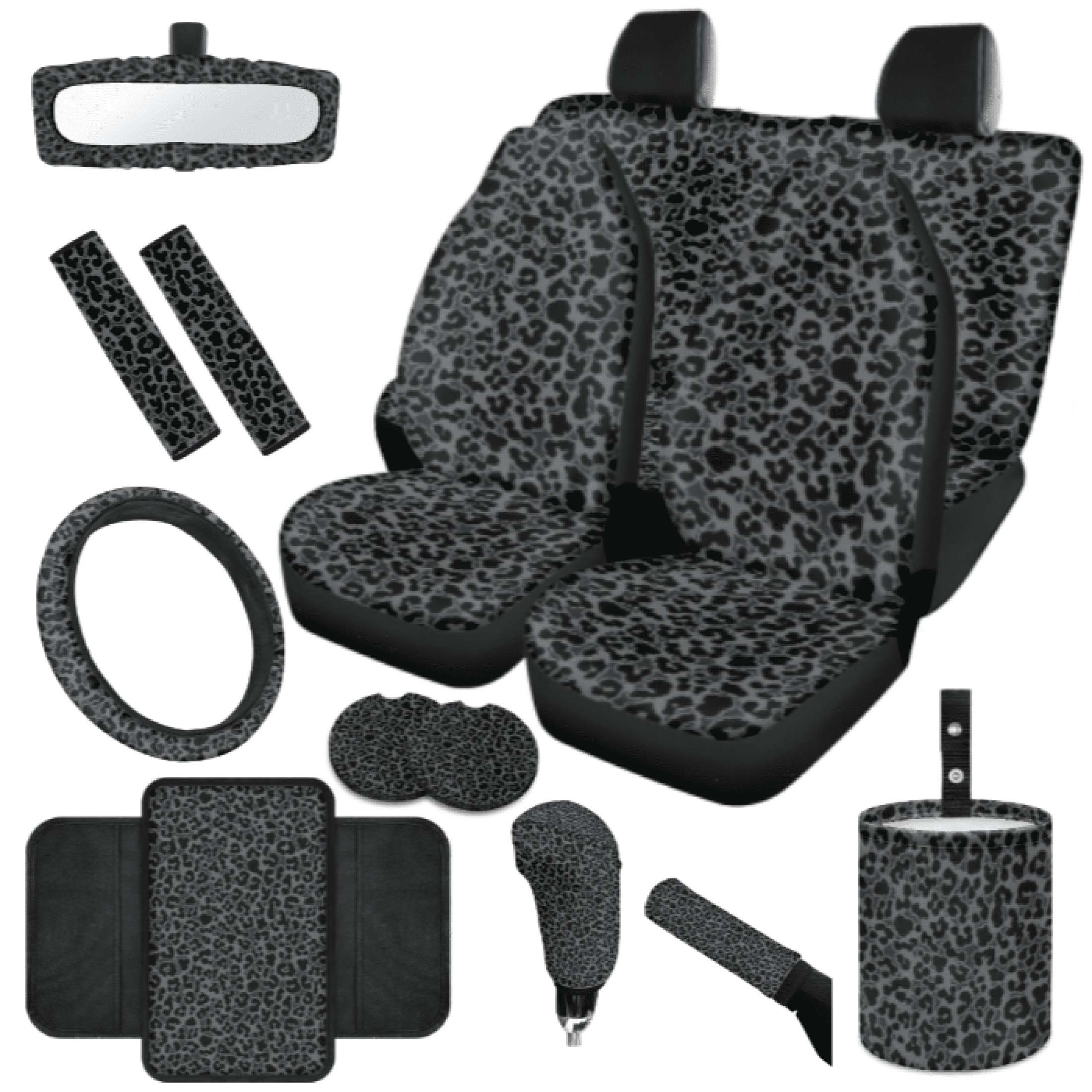 HUIACONG Black Leopard Print Pattern Car Accessories Full Set, with Car Seat Belt Pad Armrest Cushion Car Safety Strap Cover Car Cup Holder Mats