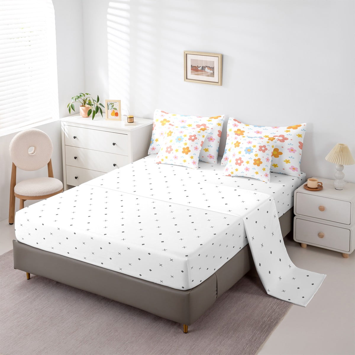 jejeloiu Cute Flower Twin Bedding Sets 7-Piece,Plant Theme Bedding Comforter Set,Orange Blue White Sheet Sets For Girls Kids,Microfiber Room Decoration
