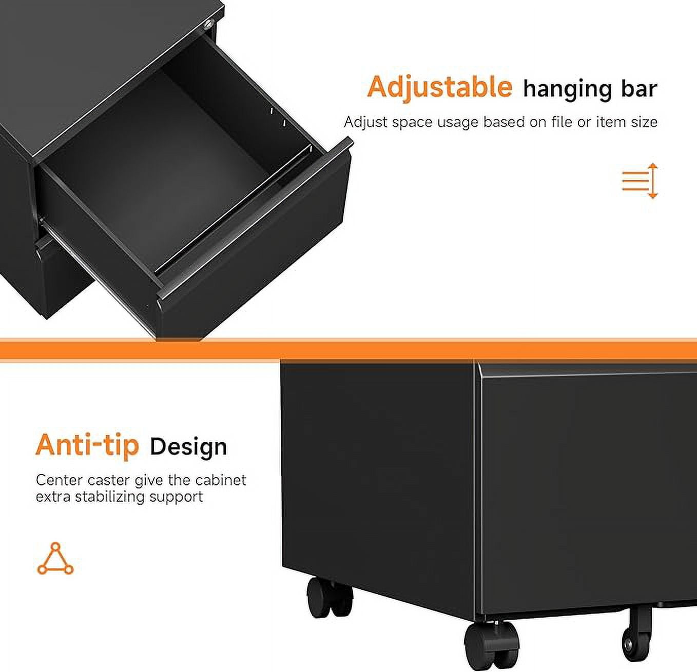 2 Drawer File Cabinet with Wheels,Under Desk Metal Mobile Filing Cabinet for Office,Business,Home,Enterprise for Legal/Letter Size,Black