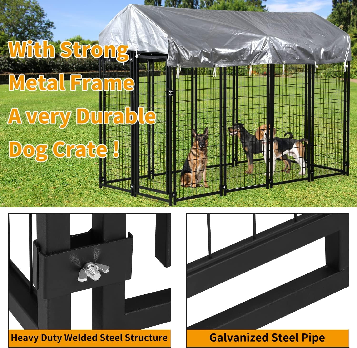 Dkelincs Large Dog Kennel 8'L x 4'W x 6'H Heavy Duty Outdoor Dog Crate Cage with Roof and Waterproof Cover, Black
