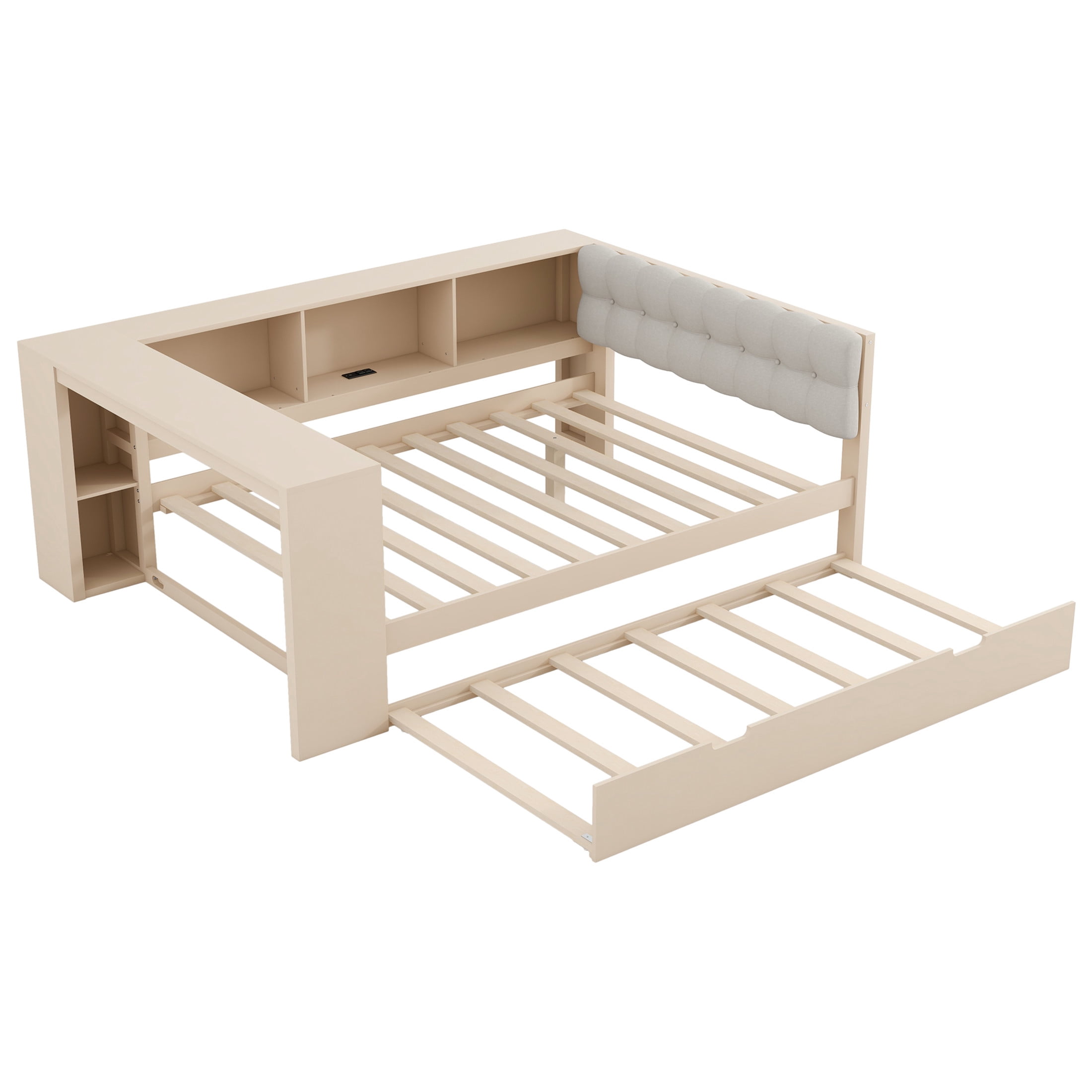 Noble House Full Wooden Platform Bed, Upholstered Headboard, Storage Shelves, Charging Station and Trundle, Cream