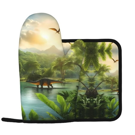 

Lake Forest Dinosaur Oven Mitts and Pot Holders Sets Heat Resistant Silicone Oven Mitts Pot Holders for Kitchen Cooking Baking Non-Slip Oven Gloves Hot Pads Potholders