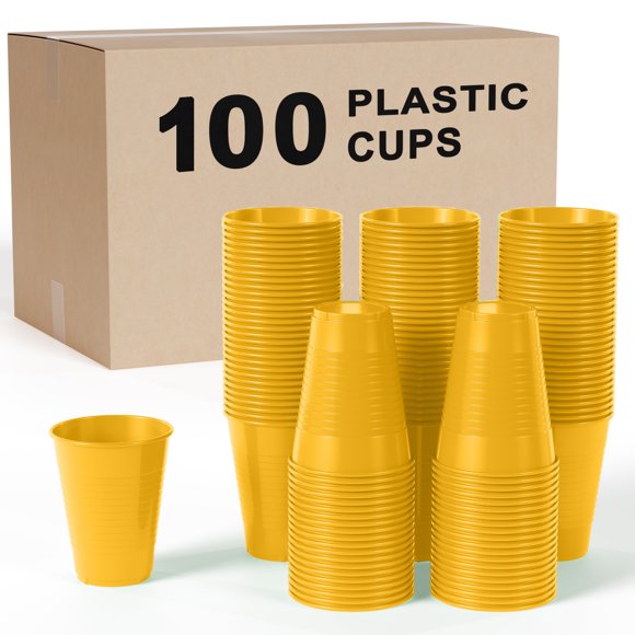 Lot de 100 Gobelets en Plastique Jetables Jaunes de 12 Oz - Gobelets de Fête Durables et Stylés