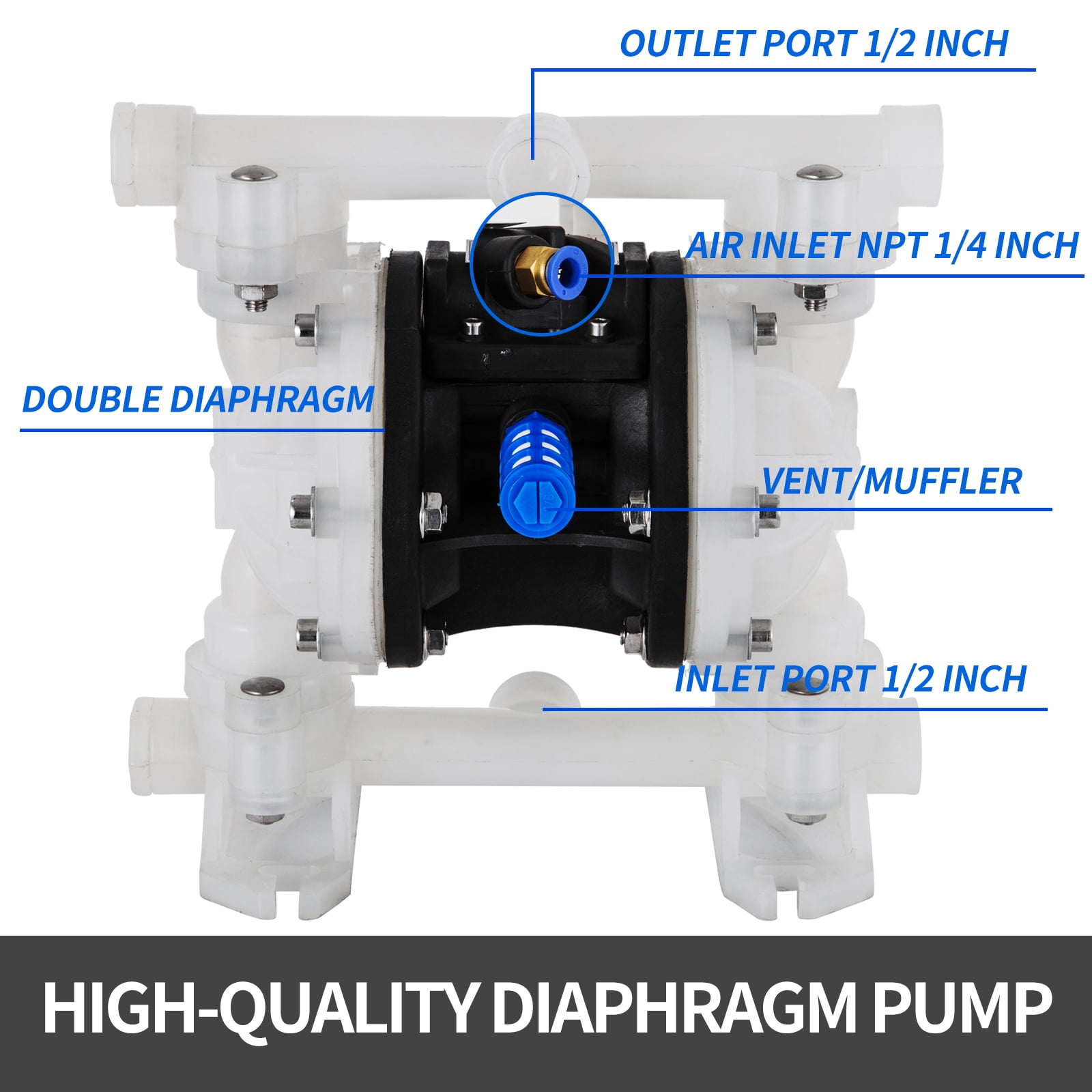 VEVOR Air-Operated Double Diaphragm Pump, 1/2 in Inlet & Outlet