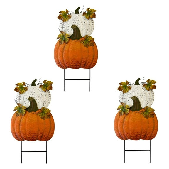 Set of 3 Metal Pumpkin Yard Stakes Fall Harvest Garden Lawn Yard Porch Outdoors Welcome Decorations, Autumn Thanksgiving Decorative Pumpkins Outdoor Décor