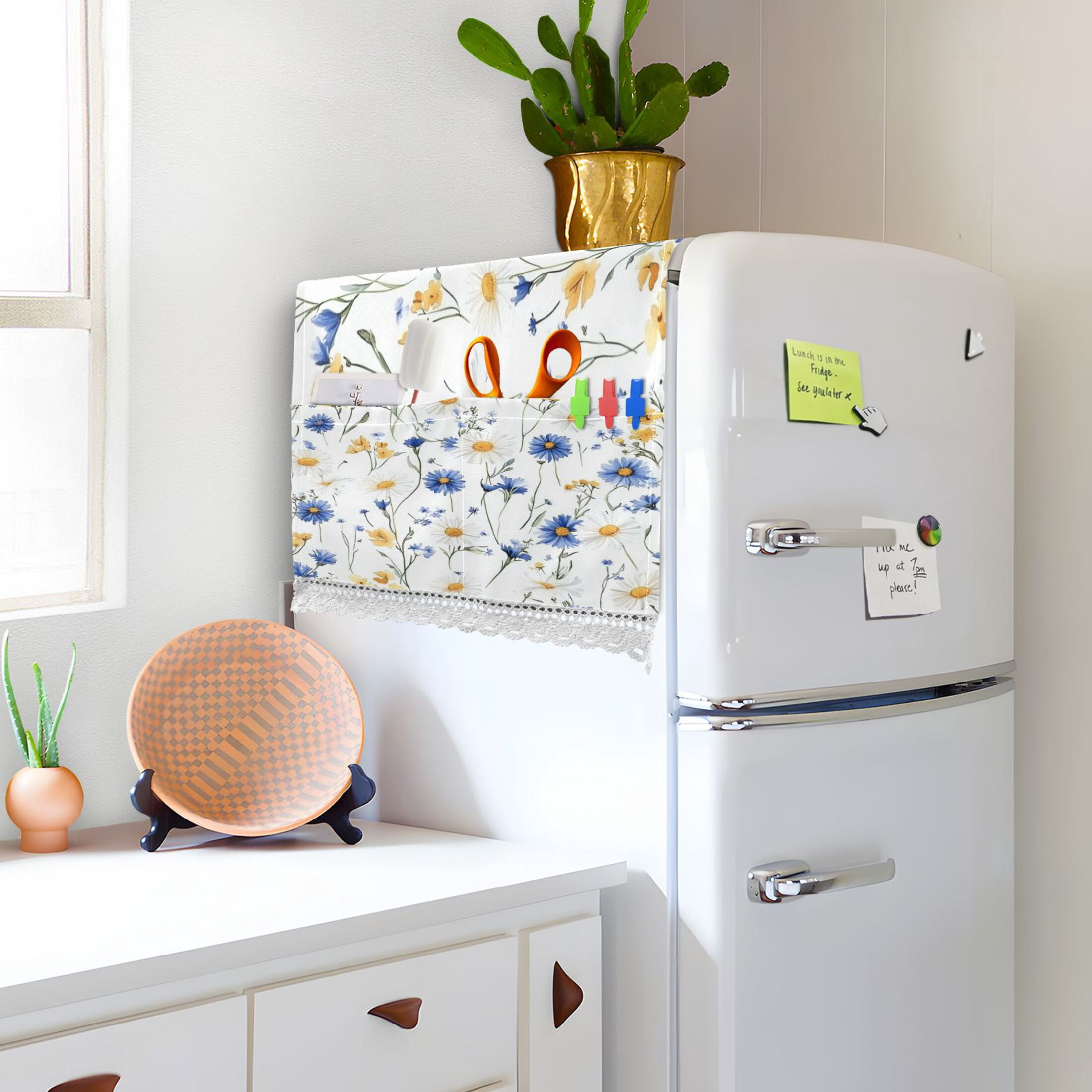 Dustproof Washing Machine Cloth Washer and Dryer Top Covers, Fridge Dust Cover, With Storage BagsBlue and Yellow Wildflowers