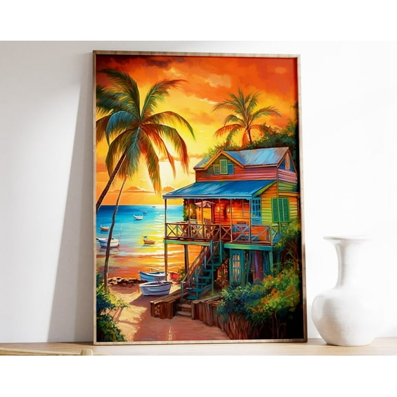 Caribbean Poster, Caribbean Wall Art, Tropical Decor, Scenery Poster, Tropical Art Print, Floral Art, Floral Decor, Black Gift Wall Art, Modern Wall Decor, 8x12 UNFRAMED